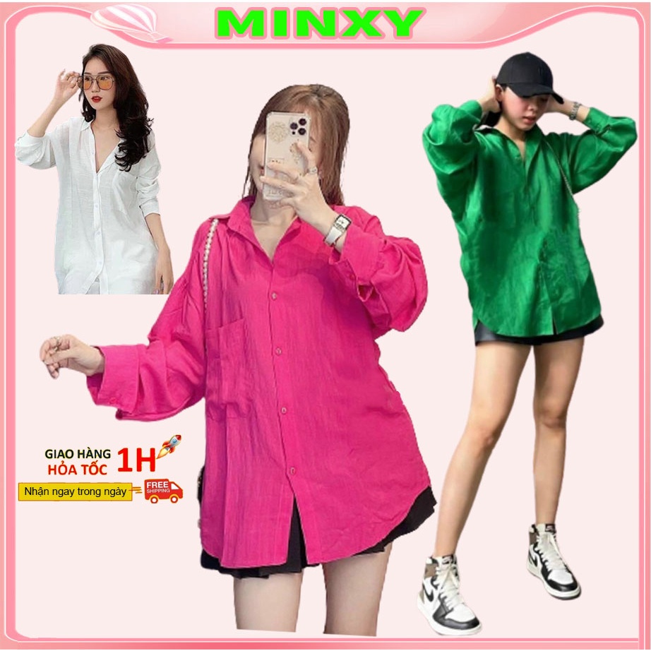 Áo sơ mi 3 màu túi ngực dáng rộng, somi đũi dài tay mát mẻ-Minxy