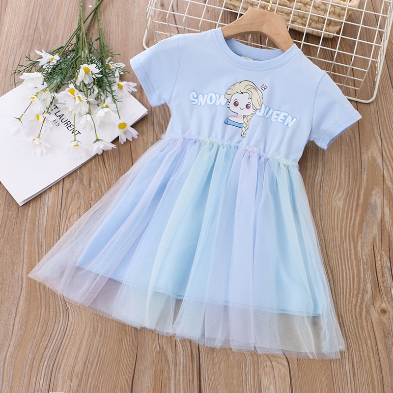 Đầm Cotton Ngắn Tay Cổ Tròn Phối Lưới Màu Cầu Vồng Thời Trang Mùa Hè Cho Trẻ Em