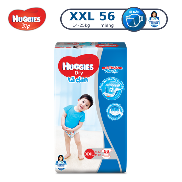 Tã dán Huggies Dry Super Jumbo M76/L68/XL62/XXL56