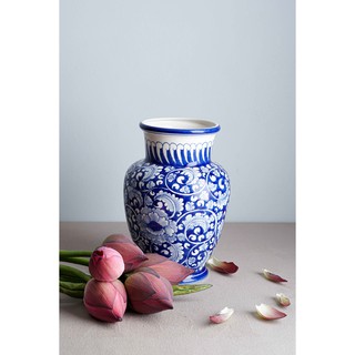 Bình hoa men trắng vẽ hoa phù dung dáng cao, cổ đứng, gốm Bát Tràng