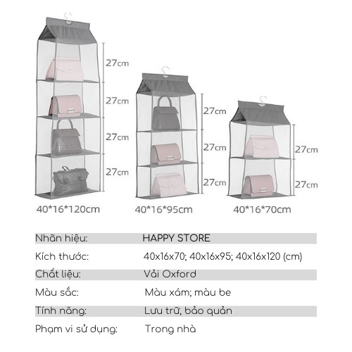 Combo 3 Túi treo túi xách chia tầng sử dụng vải Oxford, tối ưu không gian lưu trữ và tiết kiệm diện tích tủ đồ