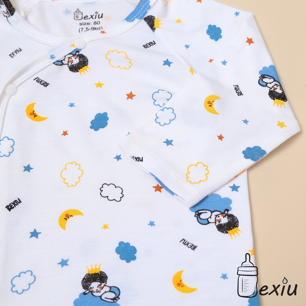 Bộ đồ cài lệch tay dài in rơi Bexiu - Quần Áo Trẻ Sơ Sinh  Vải Cotton Lạnh Cao Cấp Cho Bé Trai Và Gái Từ 4-9 kg