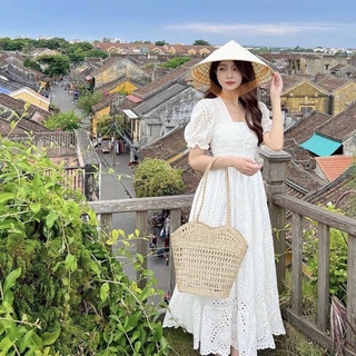 Đầm midi ren trắng form dài