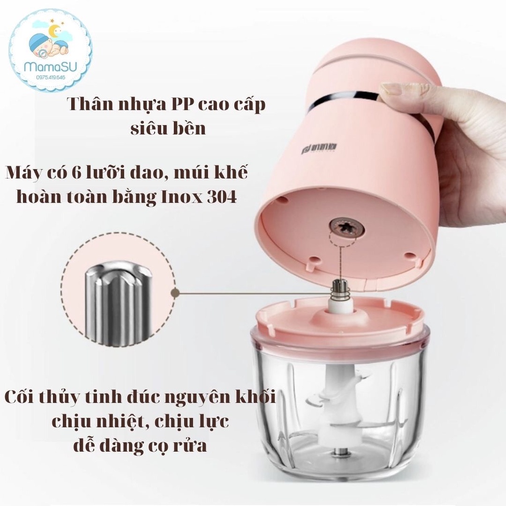 Máy Xay Hattiecs 6 Lưỡi 0.3L Cối Thuỷ Tinh, Máy Xay Cho Bé Ăn Dặm