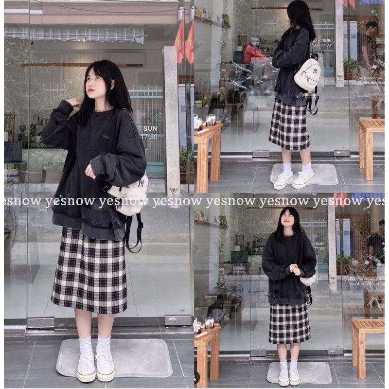 Chân váy dài, chân váy kẻ caro 2 màu đen nâu Quảng Châu -Chân váy bút chì kẻ xẻ tà | BigBuy360 - bigbuy360.vn