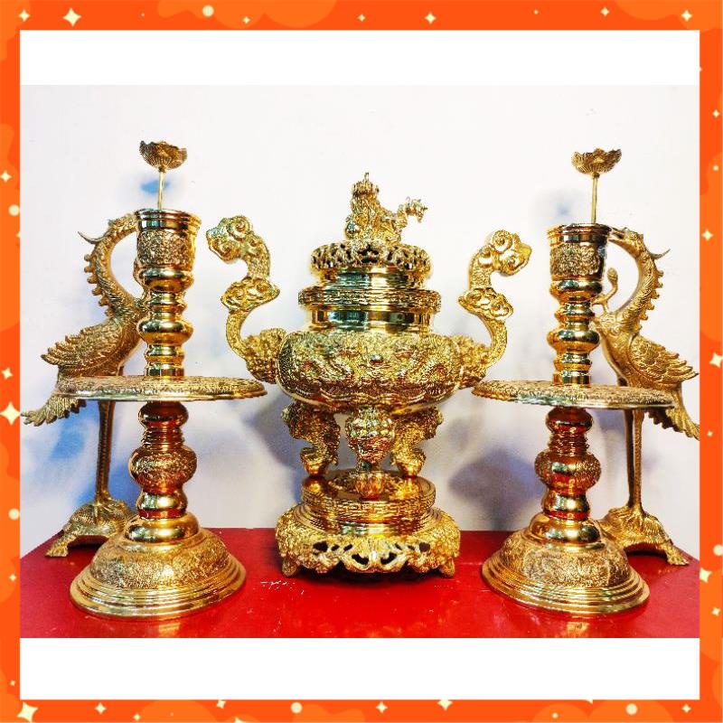 Bộ đồ thờ ngũ sự đỉnh đồng song long chầu nguyệt cao 50cm, đồ thờ đồng cao cấp, đỉnh đồng lư đồng