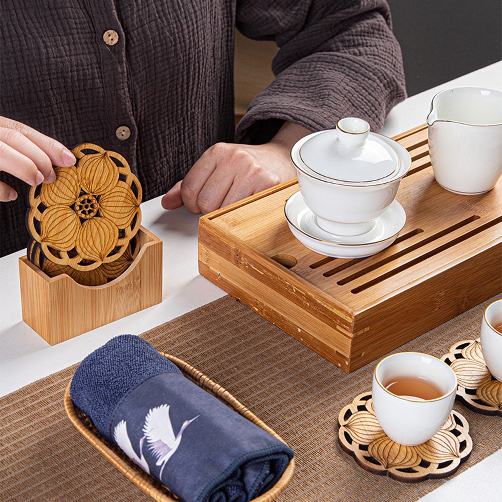 Đế Lót Ly Bằng Gỗ Tre Hình Hoa Sen Phong Cách Vintage