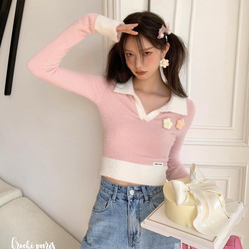 Áo dệt kim ZHELIHANGFEI tay dài cổ bẻ thêu họa tiết hoa thời trang cho nữ