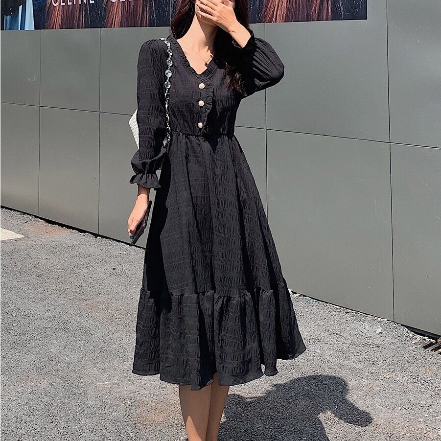 Phong cách mới của Hepburn váy trắng kiểu Pháp váy dài tay thắt lưng váy cổ tích dài giữa | BigBuy360 - bigbuy360.vn