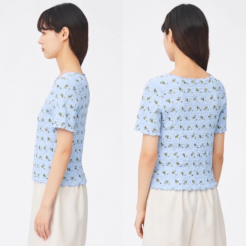 Áo thun nhún ngắn tay nữ hoa nhí xinh xắn của GU - Nhật