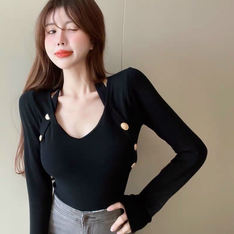 Áo kiểu cổ V cách điệu tay dài nữ GB alohashop91