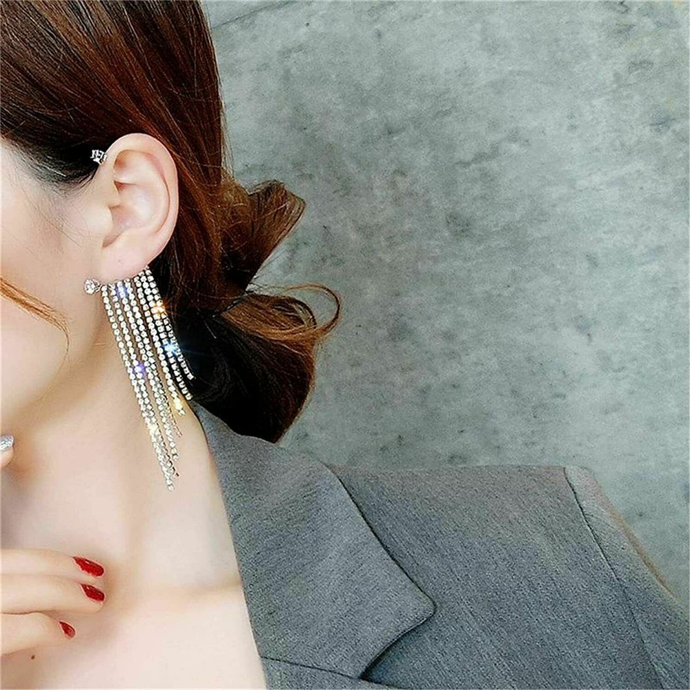 Khuyên kẹp vành tai tua rua đính kim cương lấp lánh không xỏ lỗ