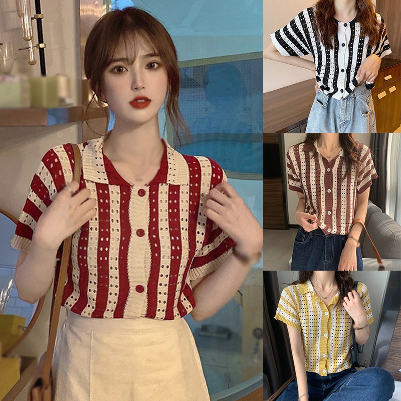 Áo Thun Dệt Kim Ngắn Tay Họa Tiết Kẻ Sọc Thời Trang Mùa Hè Cho Nữ