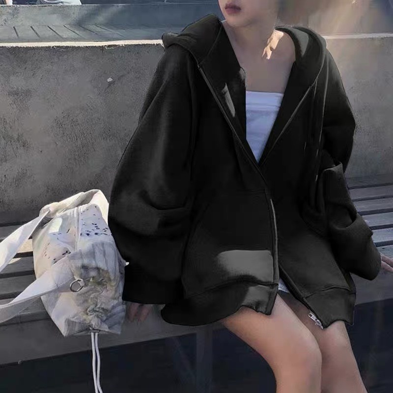 Hoodie zip nữ form rộng vải nỉ bông màu xám, đen , áo hoodie zip nữ khoác kéo khóa 2022