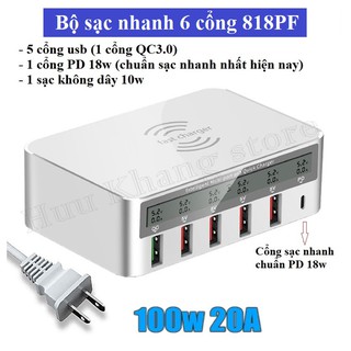Bộ sạc 6 cổng hỗ trợ sạc không dây 818