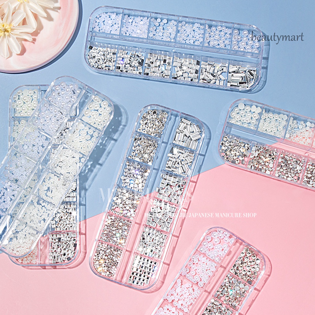 [Hàng mới về] Hộp 12 ngăn ngọc trai và đá đính nhân tạo 3D lấp lánh trang trí móng tay