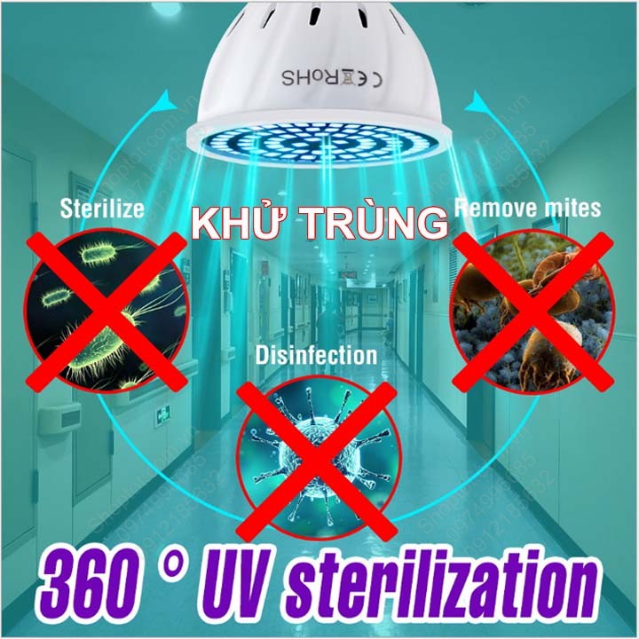 Đèn led tia UV khử trùng, diệt khuẩn đui E27, loại 60 LED hoặc 80 LED tùy chọn