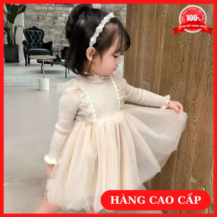 Váy Thu Đông Cho Bé Gái, Đầm Công Chúa Dài Tay Cotton Phối Voan Cho Bé Gái Tặng Tất Gấu BM House Kids