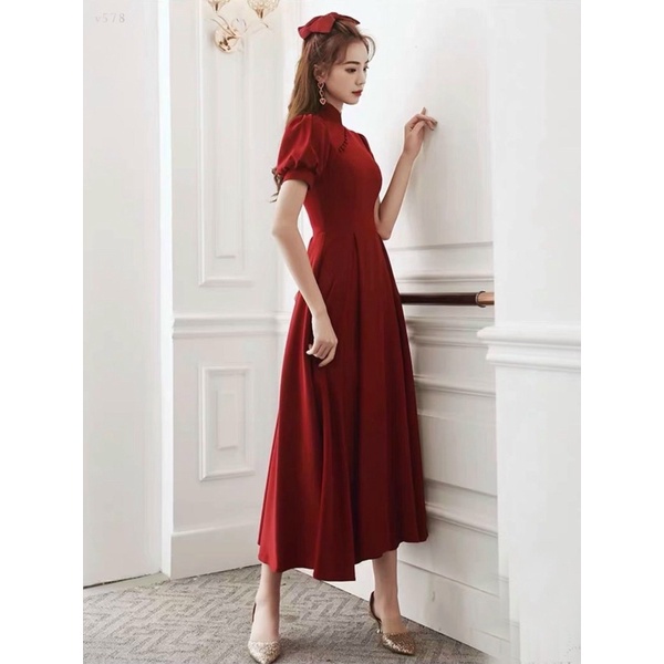 Đầm váy đỏ TẾT đi tiệc sang chảnh cổ áo dài chất vải đẹp