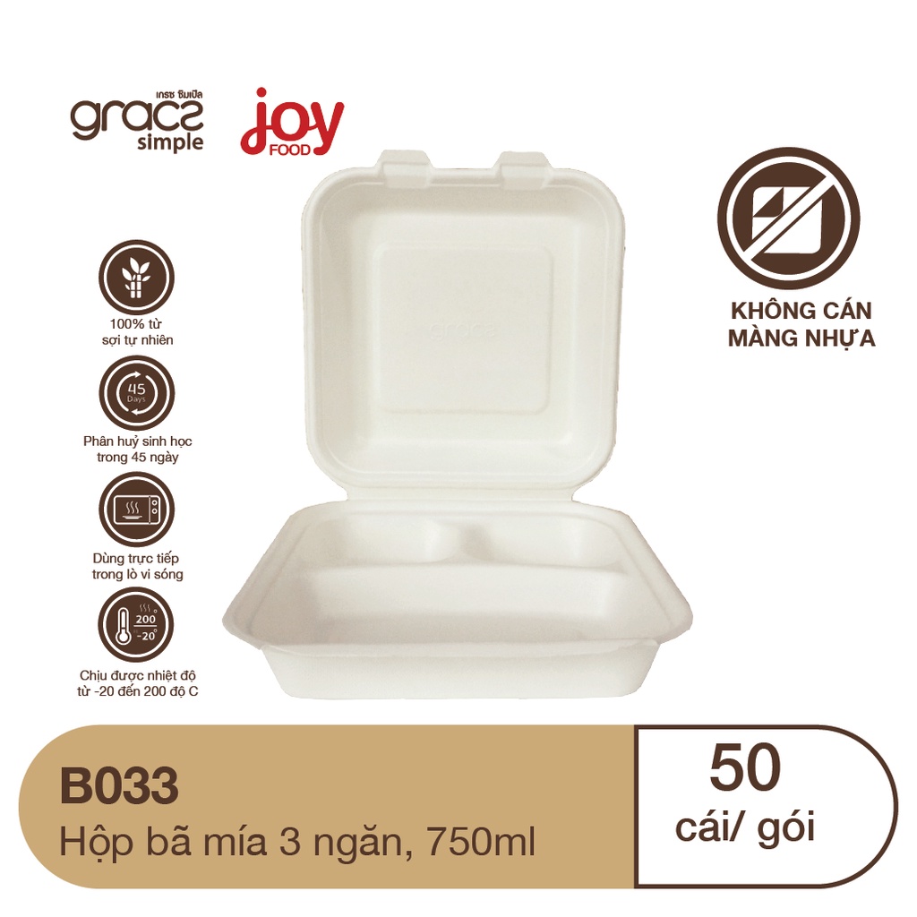 50 hộp bã mía Gracz 3 ngăn 750ml, đồ dùng 1 lần đựng cơm phần, bún xào cho nhà hàng, quán ăn