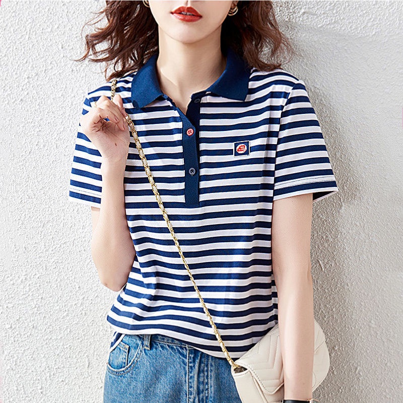 Áo polo Tay Ngắn Họa Tiết Sọc Thời Trang Phong Cách Phương Tây Cho Nữ