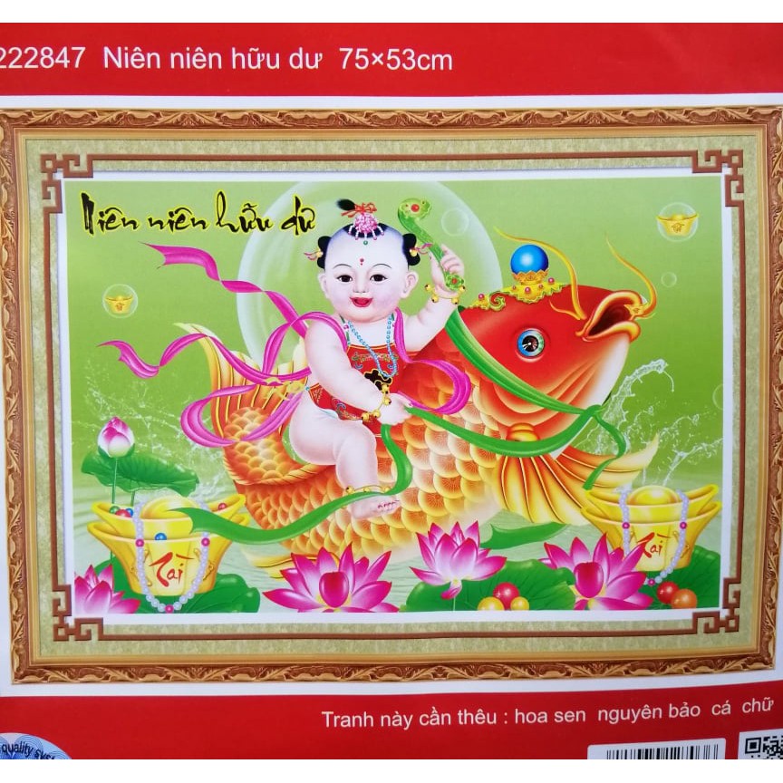 Tranh thêu chữ thập Tiên đồng cưỡi cá chép 222847 (chưa thêu)