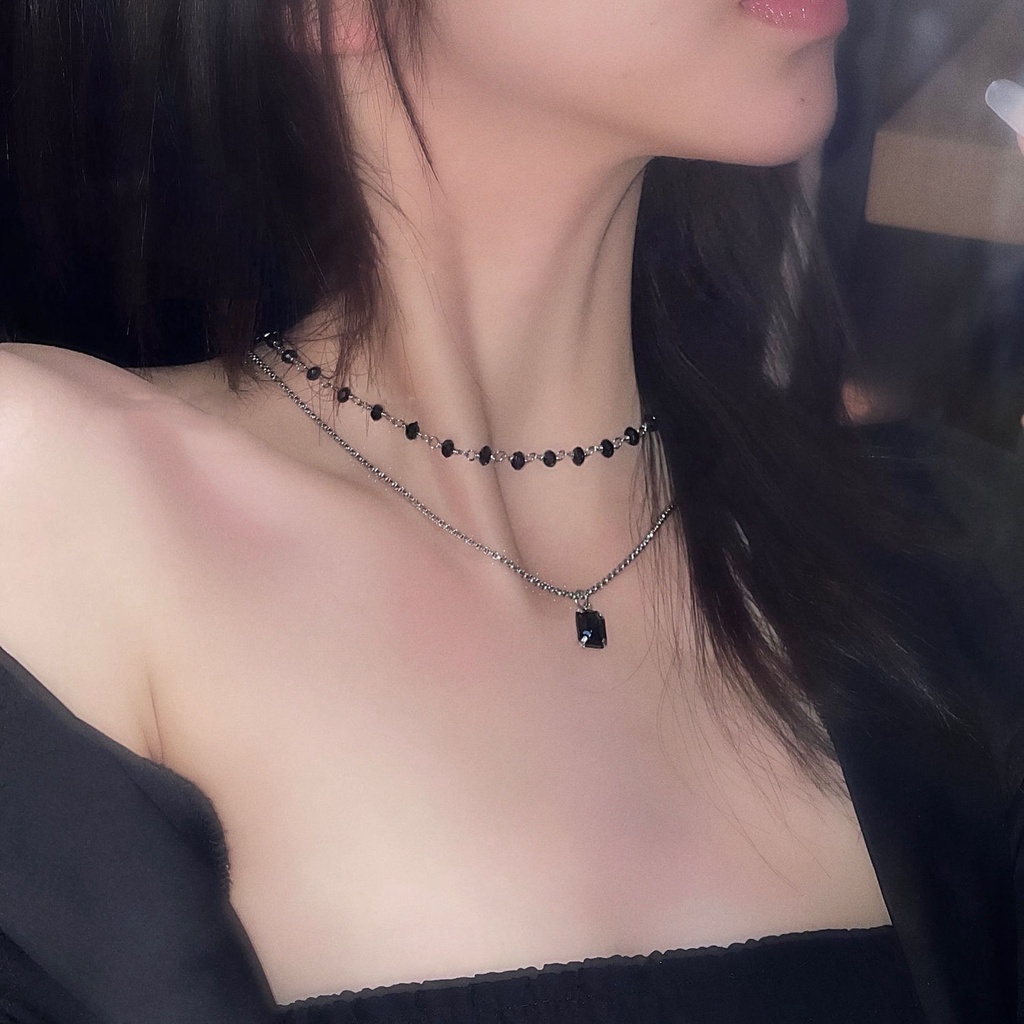 Vòng cổ Ahellogirl hai lớp đính đá đen phong cách thời trang đơn giản sang trọng cao cấp cho nữ