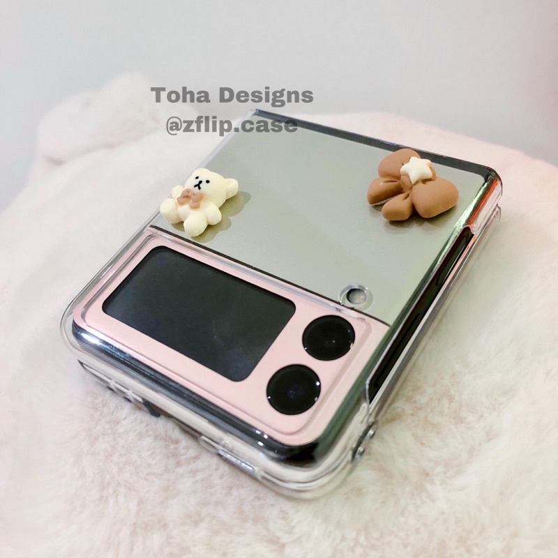 Ốp trong suốt gấu nơ Samsung Z Flip 3 / Z Flip 4 kèm decal / Z Flip3 / ZFlip3 / Z Flip4/ ZFlip4