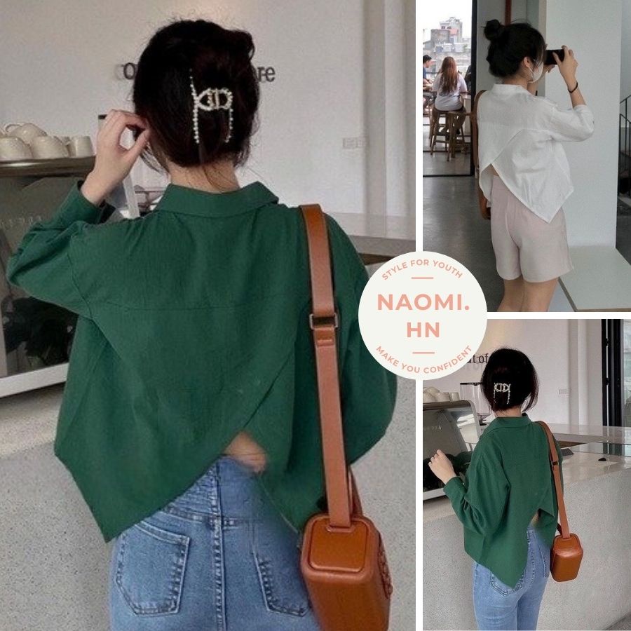 Áo sơ mi nữ xẻ tà sau lưng độc lạ dài tay cổ đức . Áo kiểu nữ xẻ tà sau lưng gợi cảm chất đẹp 3 màu xanh trắng hothit