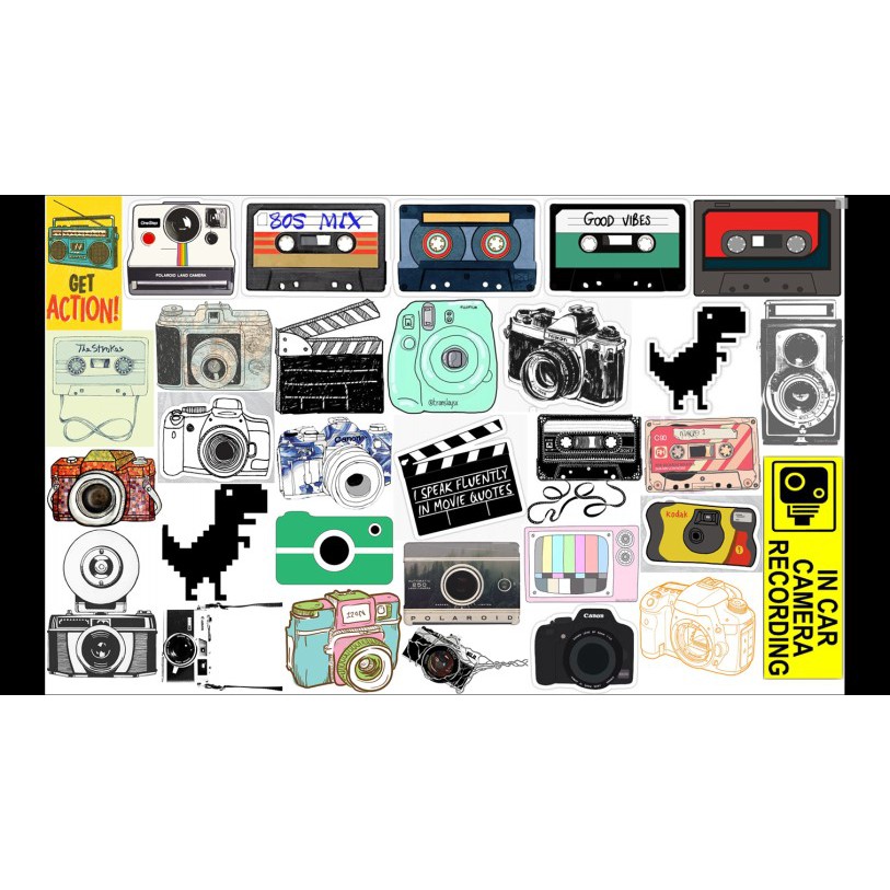 Hình dán camera Dán Vali, xe, barber shop, Mũ bảo hiểm ,, đàn, tường..In theo yêu cầu