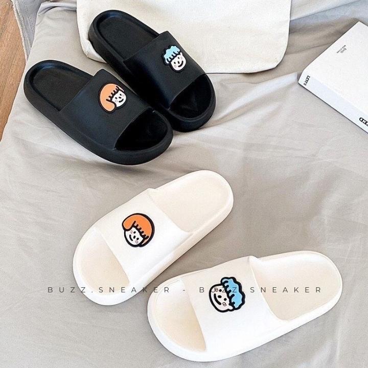 Dép bánh mì chibi [Buzz.sneaker] Dép quai ngang hình chibi tóc xù, 3 màu đen, hồng, kem, cực êm chân, chống trơn trượt