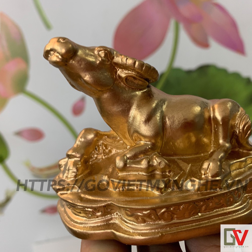 Tượng đá con trâu trang trí tượng Trâu phong thủy - Chiều cao 8cm - Màu nhũ đồng - Đá Composite