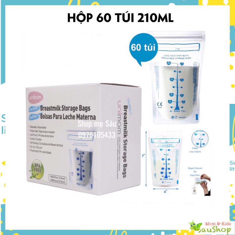 Hộp 60 túi trữ sữa Unimom compact 210ml Hàn Quốc