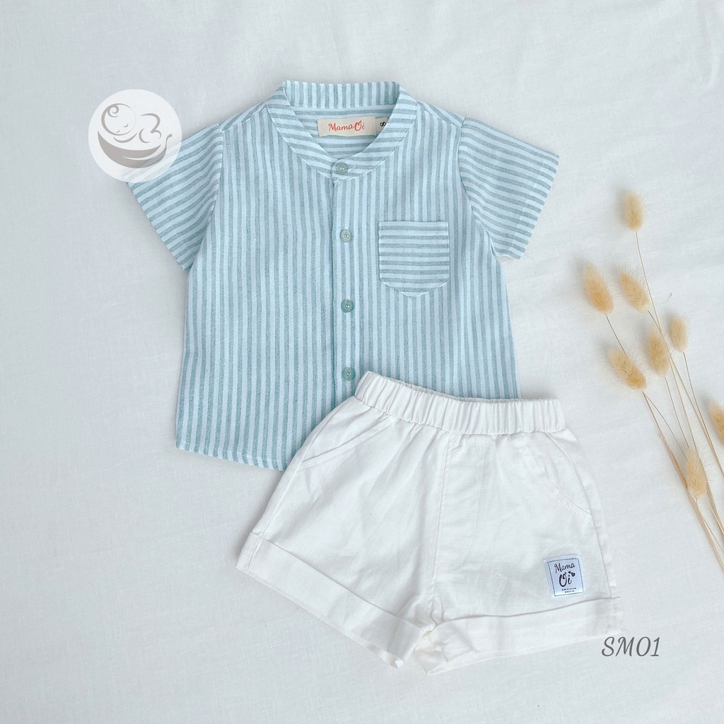 Áo sơ mi bé trai bé gái sọc đứng xanh vải Linen đũi cho bé từ 0-3 tuổi của Mama Ơi - Thời trang cho bé