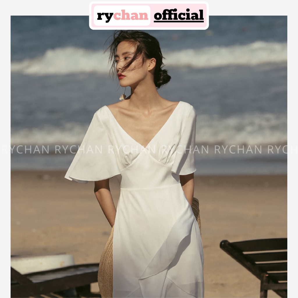 Đầm Xòe Dạo Biển Midi Lệch Tà Viền Bèo 2 Màu Siêu Xinh - DX0093