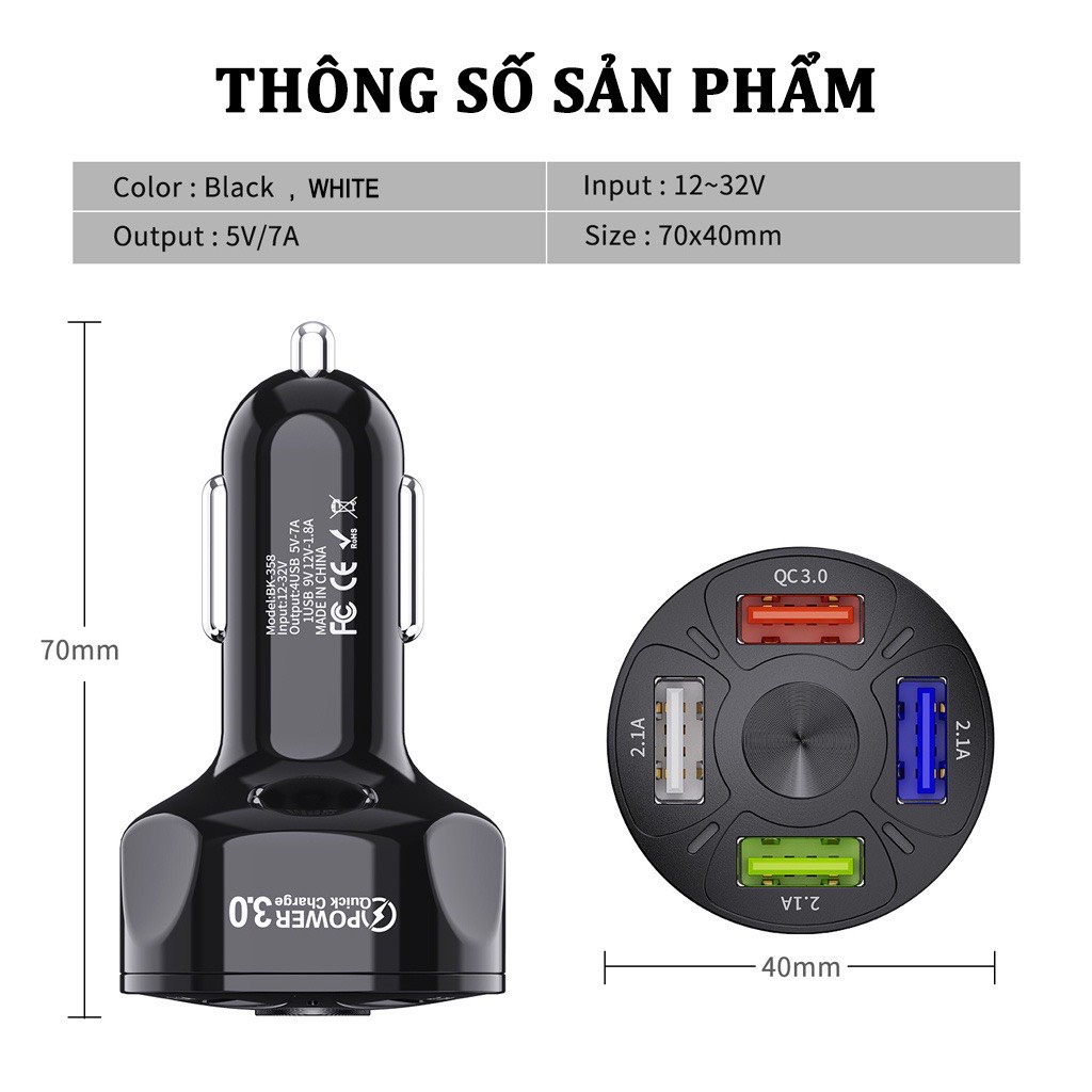 Tẩu Sạc Ô Tô,Tẩu Sạc Nhanh Ô Tô 4 Cổng USB (Thêm Cổng Quick Charge 3.0 Sạc Nhanh) - Tiện Lợi | BigBuy360 - bigbuy360.vn