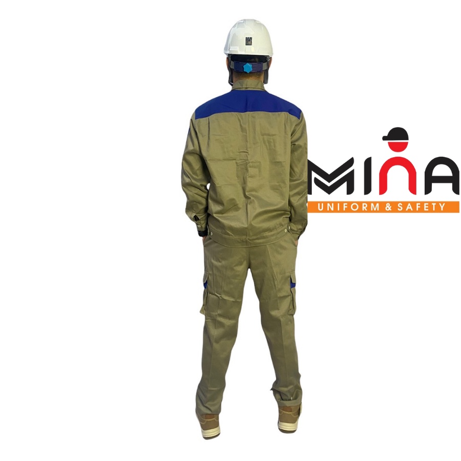 Quần Áo Bảo Hộ Lao Động - Bộ Ghi Nâu Phối Xanh - Vải Kaki 31 - Quần Túi Hộp