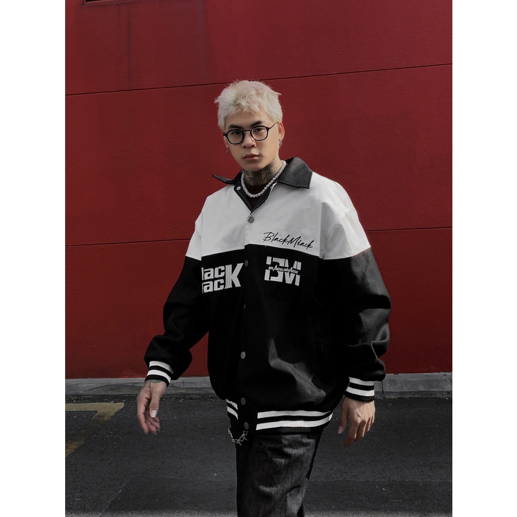 Áo Khoác Rockie Bomber Varsity, màu đen trắng, cổ bẻ, Full Thêu BLACKMIACK