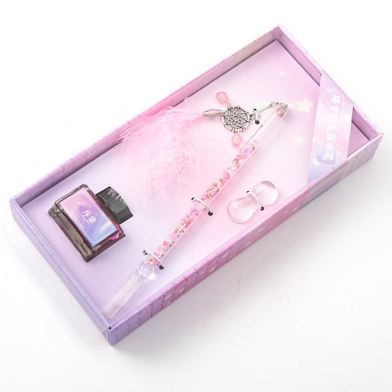 Bút thủy tinh HOA KHÔ GẮN LÔNG VŨ dụng cụ học tiếng Trung bút cổ trang Trung Quốc tập luyện viết chữ Hán