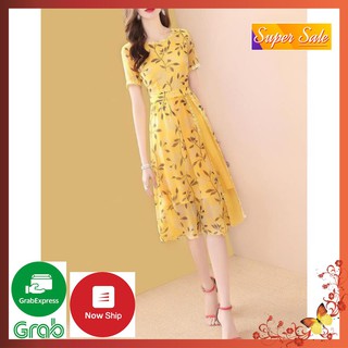 Đầm Voan 2 Lớp Phối Ren Cao Cấp - Váy Đầm  Dáng Xoè Tay Lỡ Kiểu Maxi Màu Vàng Siêu Sang