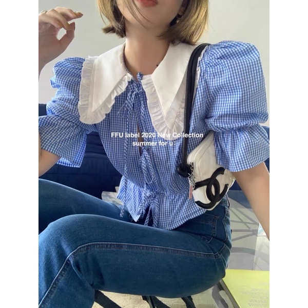 Áo sơ mi cổ bèo buộc dây dáng croptop