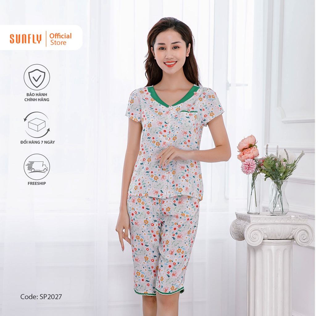 Bộ đồ mặc nhà nữ pijamas lanh SUNFLY áo cộc, quần trên gối SP2027
