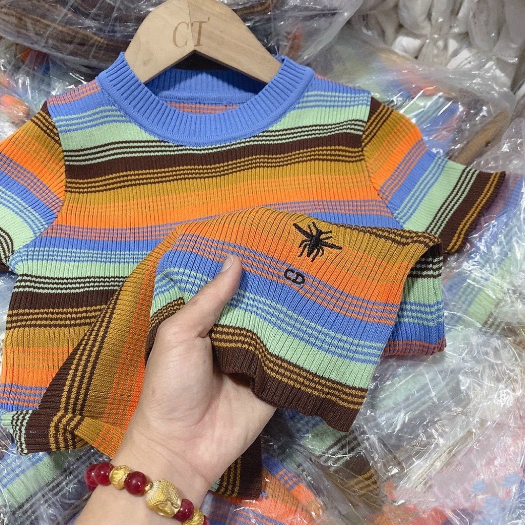 Áo Dệt Kim Nữ Kẻ Ngang Tay Ngắn Cố Tròn Vải Mềm Mại Ailee