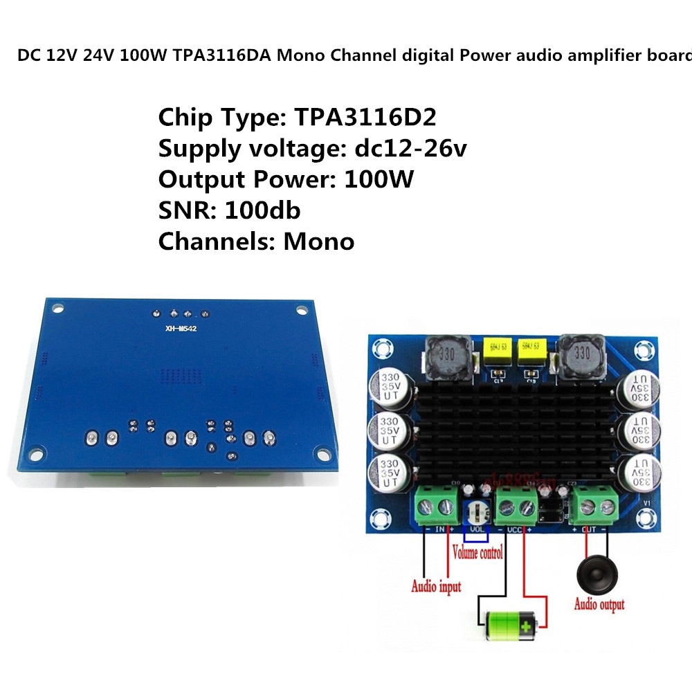 Bảng Mạch Khuếch Đại Âm Thanh Kỹ Thuật Số Kênh Đơn DC 12V 24V 100W TPA3116D2 DA Mono