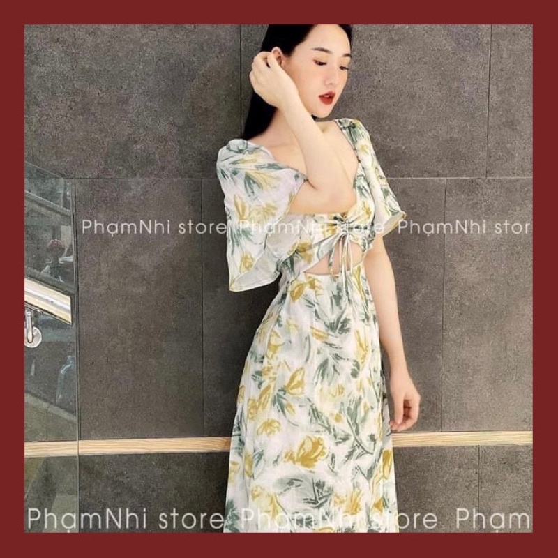 Váy thiết kế hoa cành cúp ngực đan dây tay cánh tiên dáng dài tiểu thư