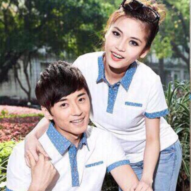 Đồ cặp đôi thun cổ bẻ viền xanh chấm bi xinh xắn