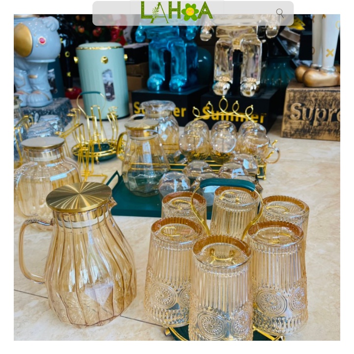 Bình đựng nước cao cấp nắp inox thủy tinh chịu nhiệt đẹp LÁ HOA DECOR BTTL