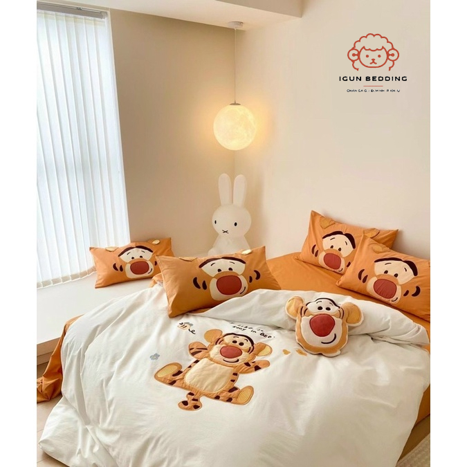 Set Chăn Ga Cotton Linen IGUN BEDDING Hoạt Hình Cao Cấp Tặng Kèm Gối Bông