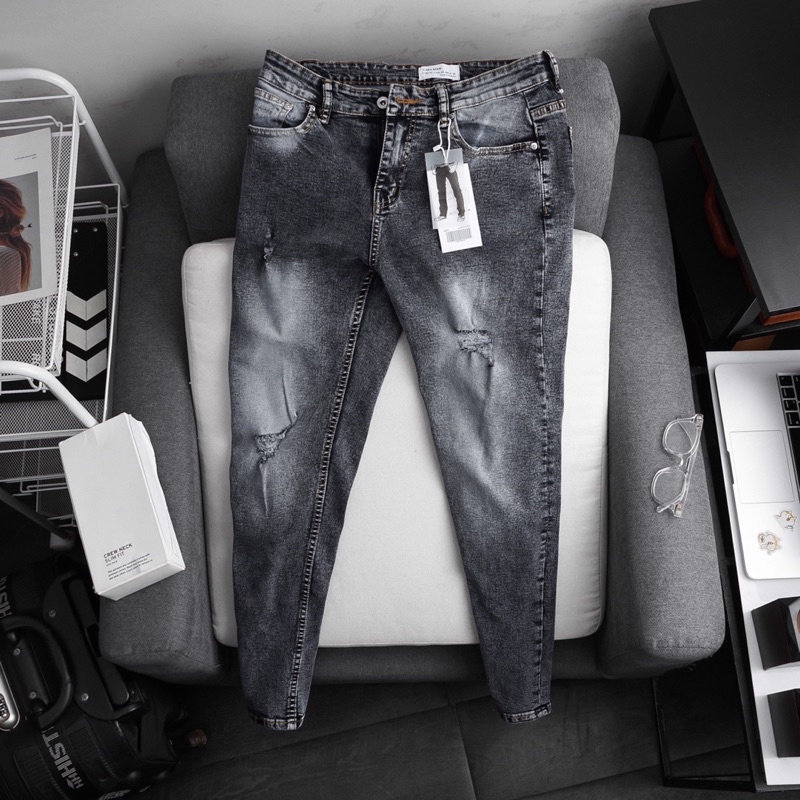 Quần jean nam đen mài cao cấp ống ôm côn co giãn chất bò đẹp | BigBuy360 - bigbuy360.vn