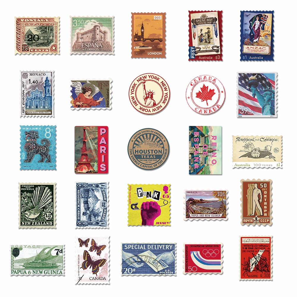 Set 50 chiếc sticker chống nước TEM TRAVEL THẾ GIỚI RETRO VINTAGE dùng dán mũ bảo hiểm laptop xe máy đàn guitar tường